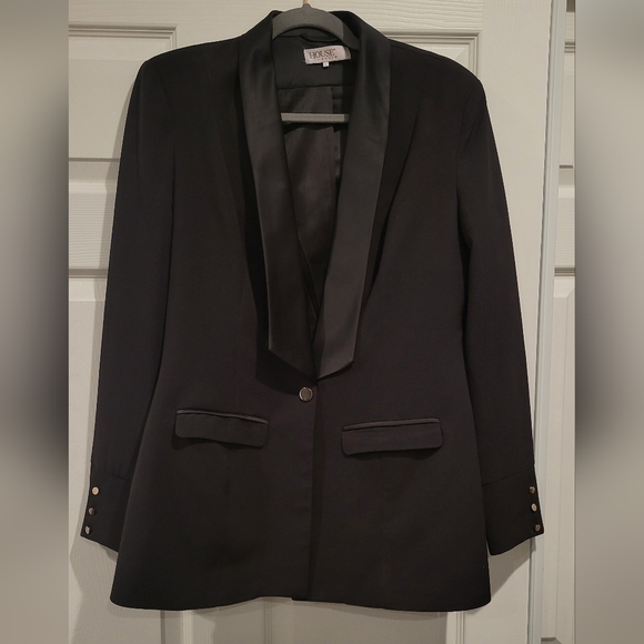 House of CB Masson Black Satin Trim Blazer Suit Jacket sz L - Picture 2 of 7